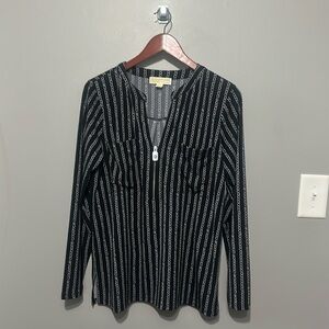 Michael Kors Long Sleeve Top Silky Feel Black & Silver/Gray Design Large EUC